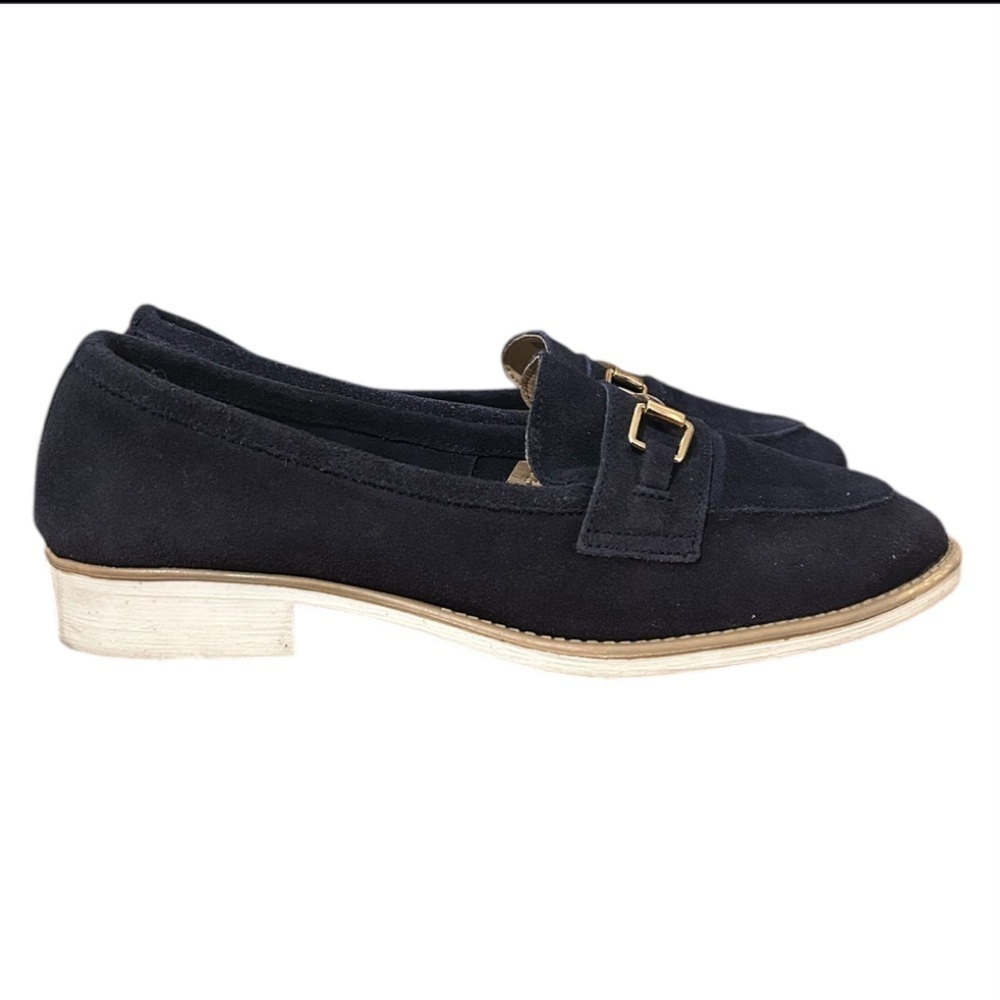 Enzo Tesoti Leather Suede Low Heel Loafer Sz 8.5 US (39 EU) Navy w/ Gold Accent - Picture 9 of 13